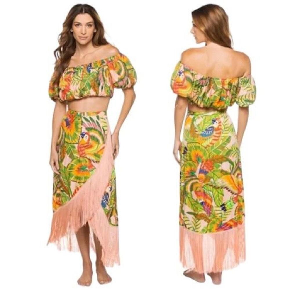 Cupcakes and Cashmere 2pc Off Shoulder Crop Top & Matching Fringe Wrap Skirt XS